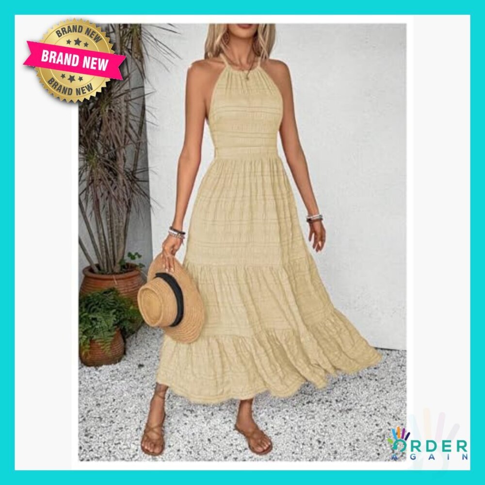 Halter Backless A-Line Maxi Dress Ruffle Hem Flowy Summer Boho Chic - Picture 3 of 6